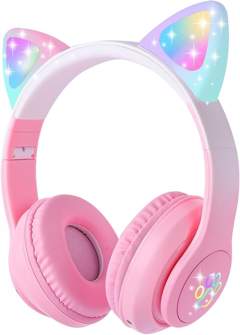 Cat Ear Kids Bluetooth Headphones for Girls Children Teens, LED Light Up Wireless/Wired Mode Foldable Stereo Girls Headphones with Built-in Mic for School Birthday Xmas Gift (Pink)