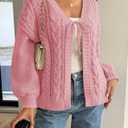Saodimallsu Womens Tie Front Cardigan Sweaters Cable Knit V Neck Lantern Long Sleeve Casual Loose Sweater Coats Pink (Purple)