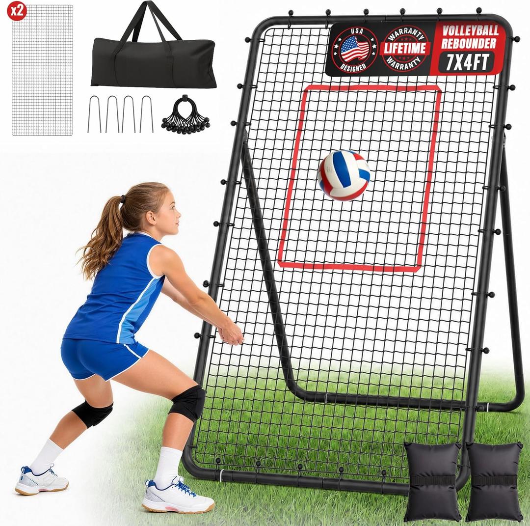 Suteck 7x4ft Volleyball Rebounder Net, 2-Net 5-Angle Trainer | Spike, Serve & Passing Practice, Solo Training, Storage Bag