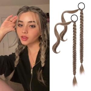 YOGFIT 2PCS DIY Braid Ponytail Extensions, Long Straight Wrap Around Ponytail Hair Extensions Natural Soft Synthetic Hairpieces for Women Daily Wear (20 Inch, Dark Ash Blonde with Hightlights)