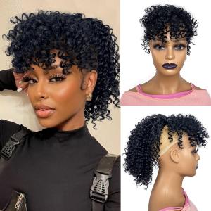 Curly Ponytail with Bangs Drawstring 12inch Short Kinky Curl Hair Ponytail with Bangs Afro Puff Clip in Hair Piece for Black Women