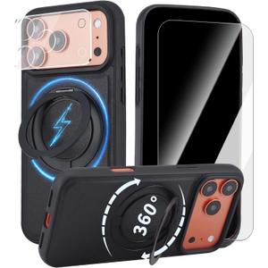 Case for iPhone 17 Pro 360° Rotating Stand, Upgraded PU Leather Military-Grade Shock-Resistant Full-Coverage Case with Rotating Stand-Black