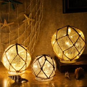 3 Pack Glass Fishing Float Nautical Lamp Coastal Beach Decor Nautical LED Light up Glass Buoy for Coastal Beach Decor (Classic Color)