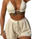 SOLY HUX Women Bikini Set 3 Piece Bikini Set Backless Textured Ruffle Swimwear with Shorts (White, S)