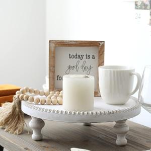 SwallowLiving Rustic White Round Wood Tray Riser Farmhouse Pedestal Stand with Beaded Edge for Decor Whitewash Finish Wooden Cupcake Display for Cakes and Decorative Items 11.8 inches