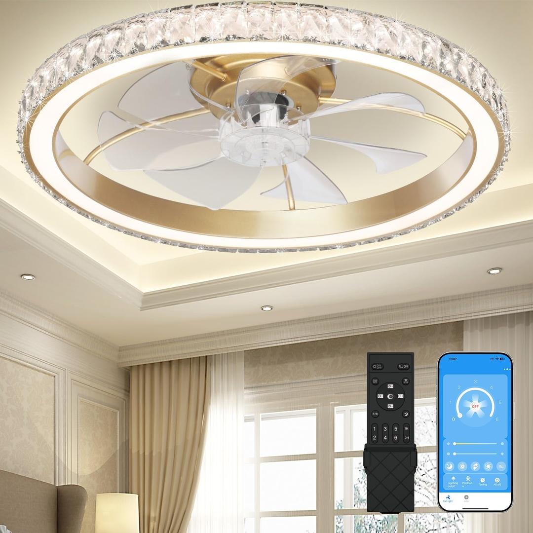 Aipsun Low Profile Modern Crystal Chandelier Ceiling Fans with Lights and Remote, 3000K-6500K Smart Bladeless LED Fan Light, 26" Gold Modern Ceiling Fans with Lights for Bedroom