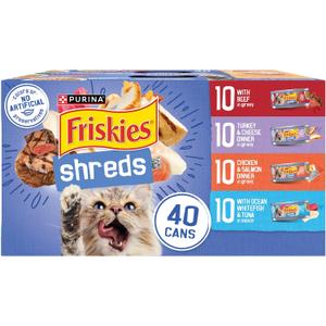 Purina Friskies Wet Cat Food Variety Pack, Shreds With Beef, Turkey and Cheese Dinner, Chicken and Salmon Dinner, and With Ocean Whitefish and Tuna - (Pack of 40) 5.5 oz. Cans (EXP 04/30/28)