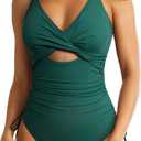 Aleumdr Women's Ribbed One Piece Swimsuit Tummy Control High Cut Bathing Suit Sexy V Neck Criss Cross Monikini Green XL