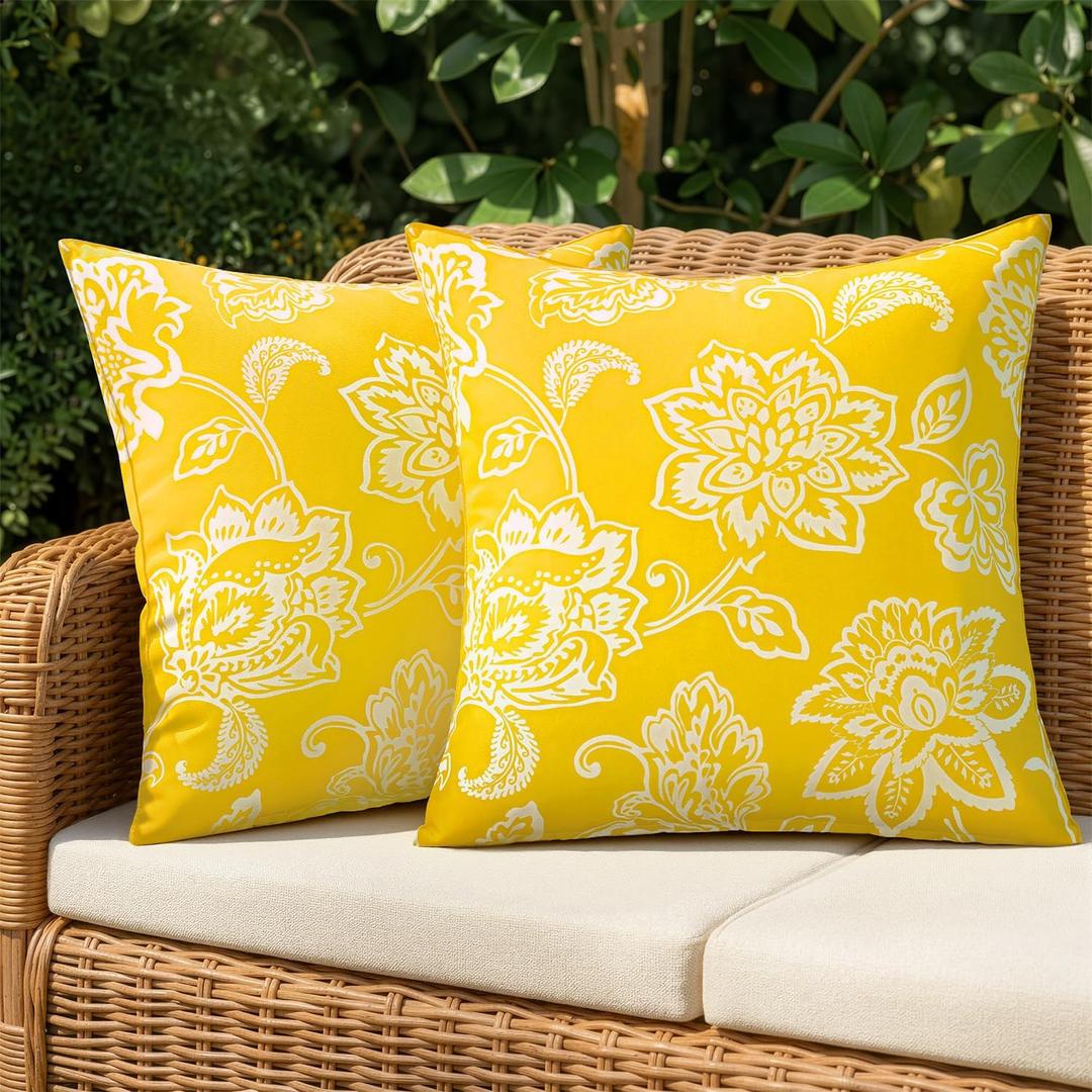 Decorative Outdoor Floral Pillow Covers Set of 2,Waterproof Boho Farmhouse Throw Pillows Summer Accent Pillowcases for Patio Furniture Garden Sofa 18x18 Inch, Yellow