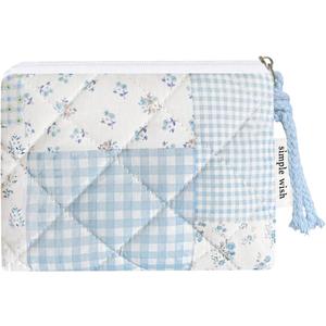 Cotton Quilted Floral Coin Purse Digital Camera Pouch with Cute Prints Zipper for Women Girls (BLUE PATCH)