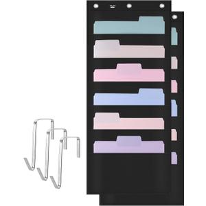 Mr. Pen- Hanging Wall File Organizer with 6 Pockets, 2 Pack, Black Fabric, 6 Metal Overdoor Hangers Included, Perfect for A4 Paper, Over The Door File Organizer