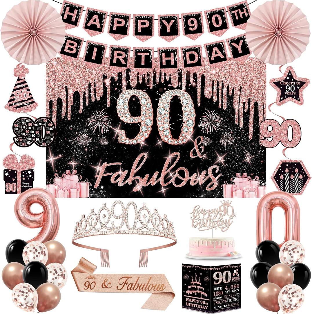 90th Birthday Decorations for Women, 32PCS 90th Birthday Party Decorations, Including Backdrop, Crown, Sash, banner, Hanging Swirl, Cake Topper, balloons, Paper Fans, Anniversary Card and paper fans