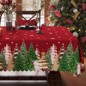 Christmas Tablecloth 60x104 Inch Rectangular, Christmas Trees Winter Snowman Washable Table Cover for Party Picnic Dinner Decor,Red