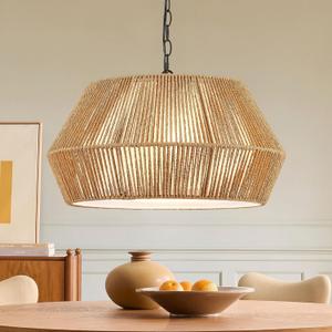 ELYONA 20" Large Rattan Chandelier Light Fixtures, 4-Lights Boho Pendant Light, Adjustable Woven Chandelier for Dining Room with Fabric Shade, Rustic Hanging Light for Kitchen Island,Living Room