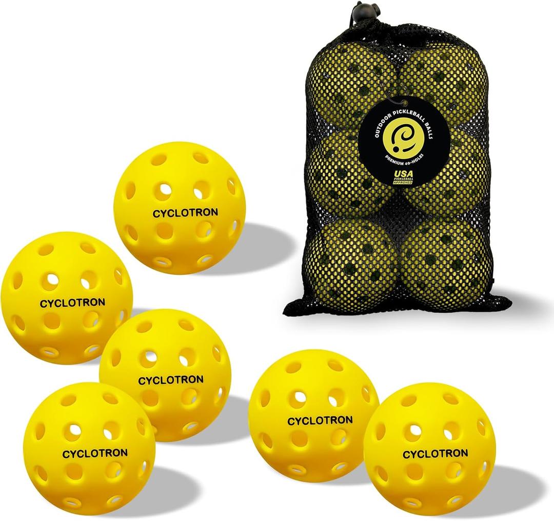 cyclotron 6-Pack Premium Pickleball Balls - USAP Approved, 40 Holes Outdoor/Indoor Pickle Balls with Bag, Perfectly Balanced, High Bounce True Flight, Pickle Ball for Tournament Play