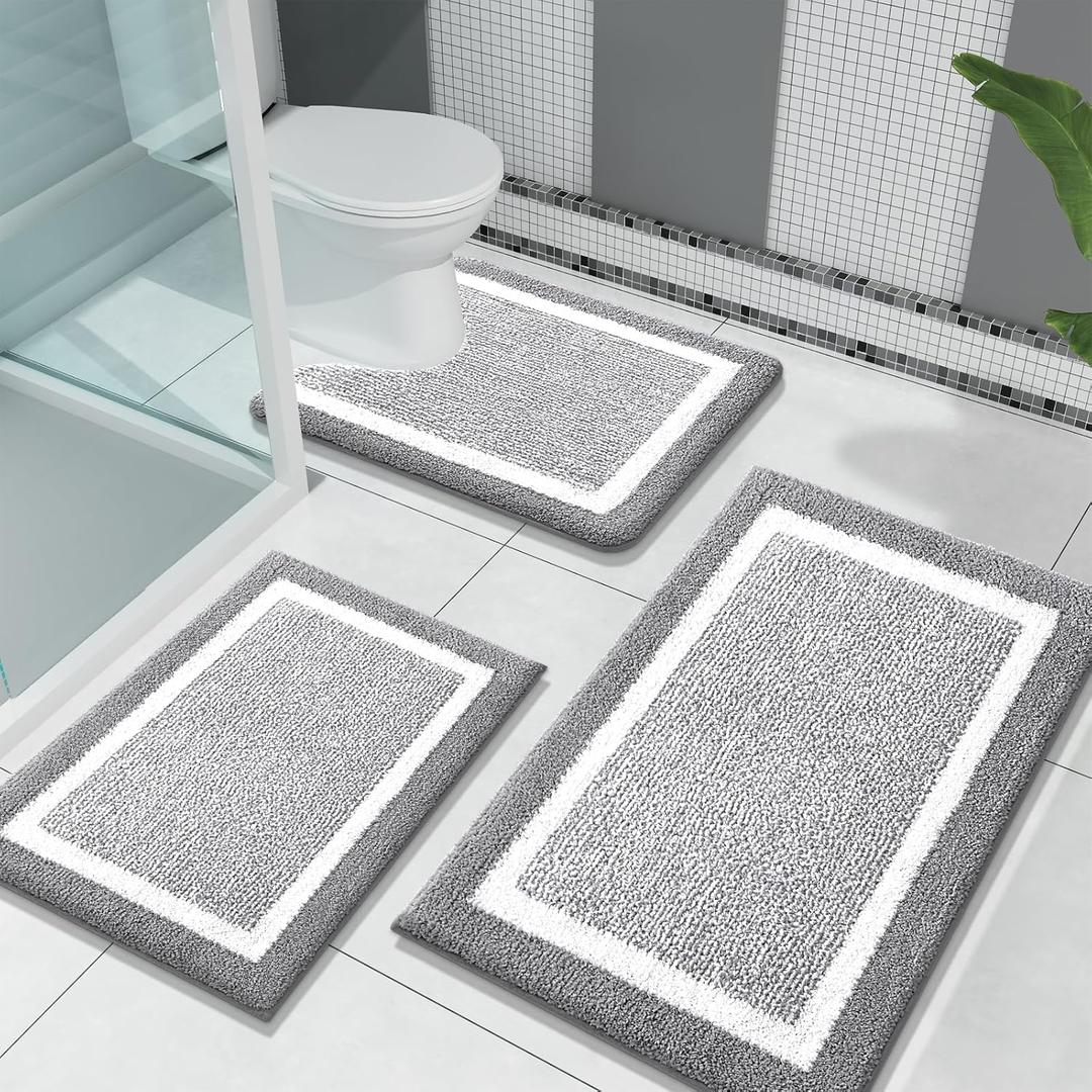 OLANLY Bathroom Rugs Sets 3 Piece, Soft Absorbent Microfiber Bath Mats and U-Shaped Contour Toilet Rug, Home Decor Accessories, Non-Slip, Bath Mat Set for Bathroom (30"x20"+24"x16"+24"x20", Grey)