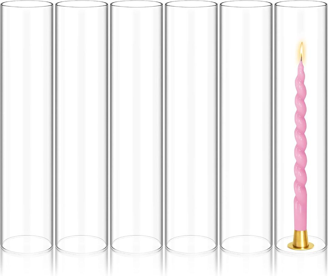 Showgeous 6 PCS Hurricane Candle Holder, D:3" H:14" Open Ended Glass Candle Cylinder Sleeve, Clear Glass Cylinder Candle Holder, Open Flame Candle Chimney Tube Cover, Bottomless Cylindrical Glass