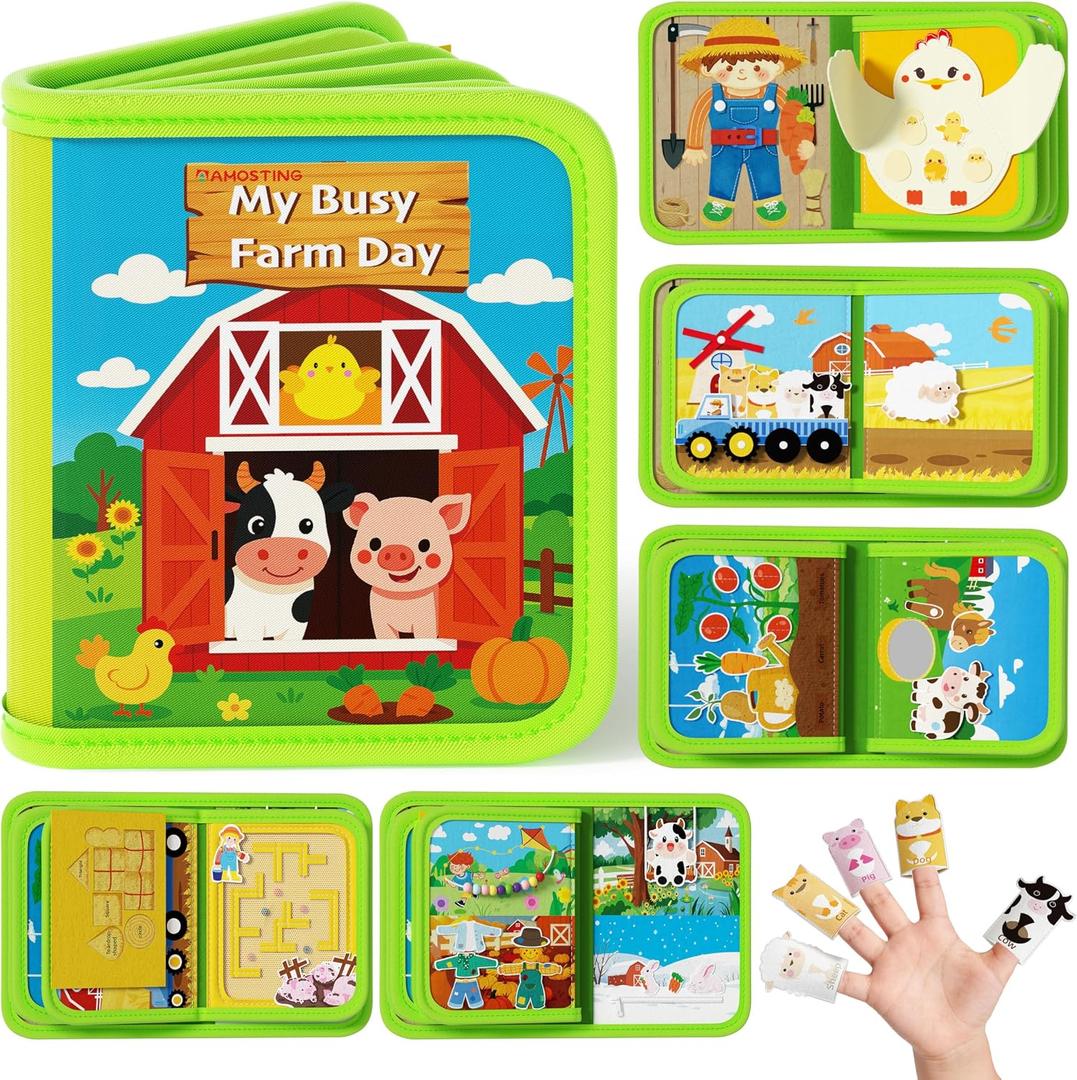 AMOSTING Montessori Busy Book for Toddlers 1-3, Busy Board Activities, Fine Motor Skills & Sensory Play, Farm Quiet Book, Travel Toy for Kids
