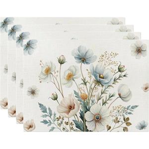 Spring Blue White Floral Placemats Set of 4, 12x18 Inch Anemone Flowers Leaves Seasonal Summer Table Place Mats for Kitchen Dining Home Party Decor