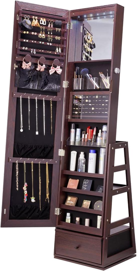 VEVOR 360 Swivel Jewelry Cabinet Armoire, 63-Inch Tall Lockable Jewelry Organizer with Full-Length Mirror, LED Light, Velvet Lining, Drawer, Freestanding, Brown