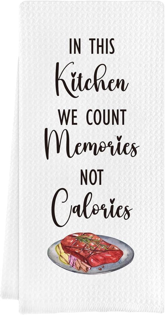 2 x Funny Kitchen Towels, in This Kitchen We Count Memories Not Calories, Waffle Hand Towel Christmas Housewarming Birthday Gifts, Fun Decorative Tea Towel for Women Friends, (Assorted Towel)