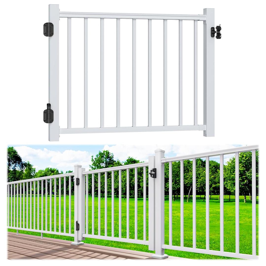 Egadis 4 ft. W Aluminum Deck Gate Kit for 36". H Railing, Cuttable White Textured AAMA2604 Powder-Coat Finish Outdoor Gate Kit with Latch and Auto-Closing Hinge for Deck, Patio, Garden, Yard, Porch