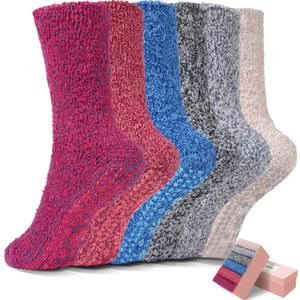 HUGSWEET 6 Pairs Thick Fuzzy Socks with Grip Cozy Non Slip Hospital Socks Home Fluffy Warm Slipper Socks Gifts for Women (Multicolor-d1)