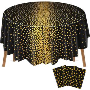 3 Pcs Round Dot Tablecloth 84 Inch Plastic Table Cover Waterproof Confetti Tablecloths for Graduation Congrats Wedding Easter Birthday Party Supplies (Black and Gold)