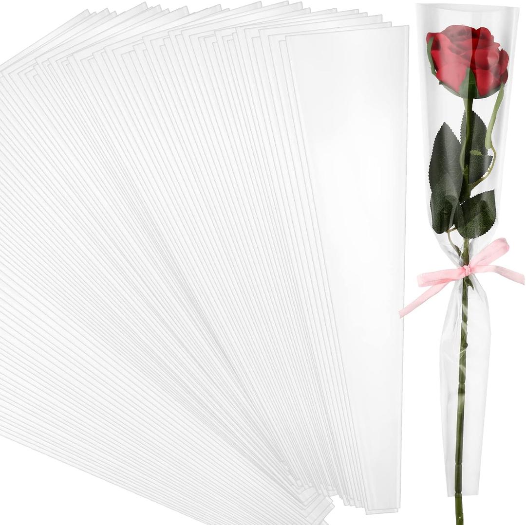 Yexiya 100 Pcs Single Rose Sleeve Bouquet Bags for Flowers Floral Packaging Bag Single Flower Wrapping Paper Flower Bouquet Sleeves for Mother's Day Valentine's Gift Wedding (White)