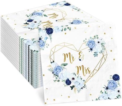 Mr and Mrs Bridal Shower Nakpins, Blue and White Flowers Hearts Geometric Party Napkins 48Pcs Couple Wedding Bride to Be Engagement Party Decoration