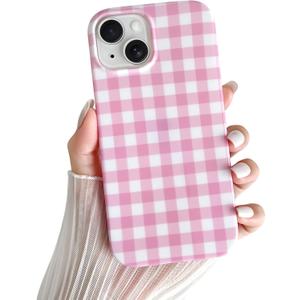 Skyseaco for iPhone 14 Case Cute Aesthetic Gingham Phone Case Soft Slim TPU Shockproof Phone Cover for Women Girls - Pink