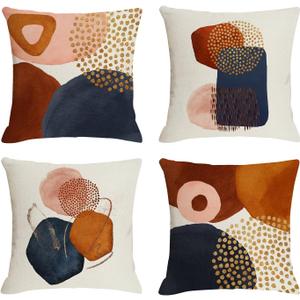 Burnt Orange Abstract Throw Pillow Covers 18x18 Set of 4 Mid Century Modern Geometric Minimalist Decorative Pillow Covers for Couch Home Decor (Navy Blue)