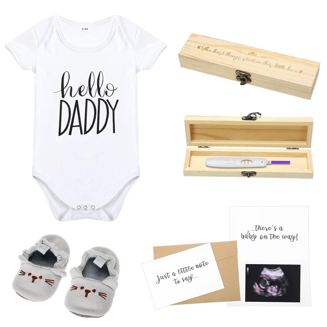 Surprise Pregnancy Announcements for Dad Pregnancy Test Keepsake Box Wooden Baby Announcement Box Hello Daddy Baby Bodysuit Infant Shoes Reveal Card Envelope Infant Gift Sets for Husband Partne