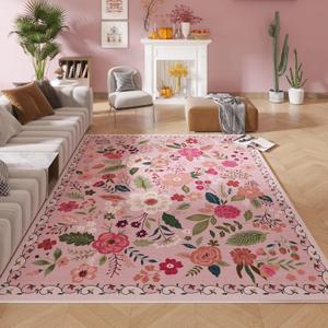 Living Room Rug 5x7 Rug Machine Washable Boho Area Rug Non Slip Floral Vintage Low Pile Large Rugs for Living Room, Bedroom, Farmhouse, Dining Room, Kids Playroom(Pink) Living Room Rug 5x7 Rug Machine Washable Boho Area Rug Non Slip Floral Vintage Low Pile Large Rugs for Living Room, Bedroom, Farmhouse, Dining Room, Kids Playroom(Pink)