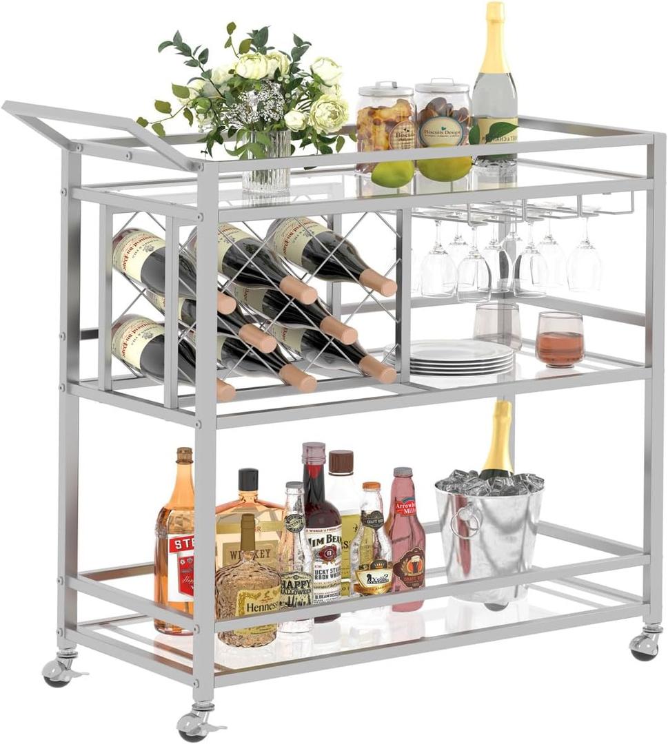 FATORRI Bar Cart Silver, Bar Carts for The Home, Home Bar Serving Carts for Liquor, Rolling Wine Cart with 3 Tier Mirrored Shelves on Wheels for Alcohol and Beverage (Silver), 13.98 inches D x 35.47 inches W x 36.3 inches H