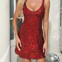 Trancylight Women's Glitter Sequin Dress Spaghetti Strap V Neck Party Cocktail Sparkly Mini Dress Clubwear (Red, L)