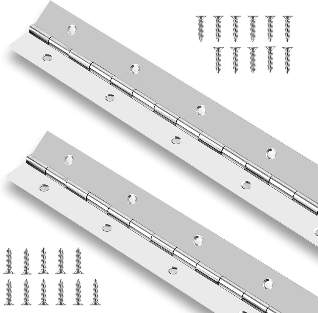 2PCS Piano Hinge 24 Inch Stainless Steel Continuous Hinge with Holes Heavy Duty Piano Hinge for Cabinets Boat Marine Door, 0.035" Leaf Thickness, 1.2 Inch Open Width, Screw Included