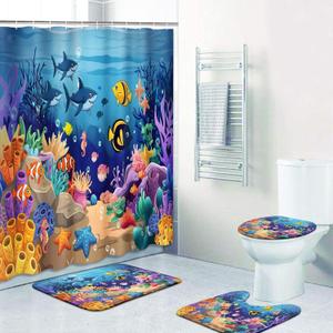 Britimes 4 Piece Shower Curtain Sets, Blue Ocean Fish with Non-Slip Rugs, Toilet Lid Cover and Bath Mat, for Bathroom Decor Set, 72" x 72"