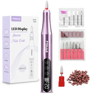 Electric Cordless Nail Drill File: LED Display Professional Portable Nail Drill for Acrylic Gel Dip Powder Nails Manicure Pedicure Kit Tool with Nail Drill Bits Sanding Bands, Purple
