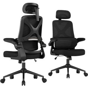 Ergonomic Office Chair - Desk Chair with Adjustable Headrest Lumbar Support Computer Chair - Mesh Comfy Chair with Flip-up Armrests - Gaming Chairs for Adults Home Office (Black+Black), 21.3" W X 17.9" D X 17.5"-21.5" H
