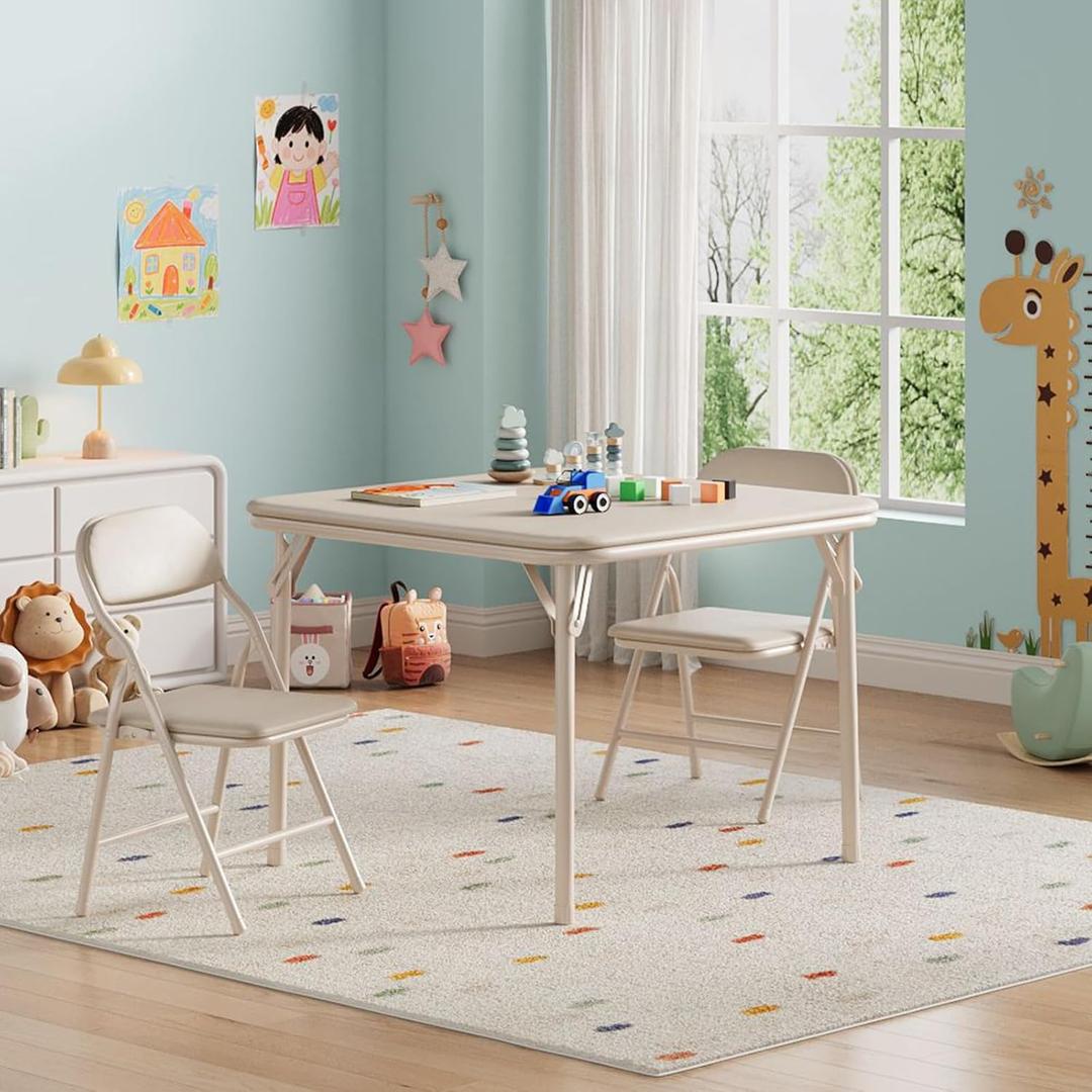 IDEALHOUSE 3 Piece Folding Kids Table and Chairs Set, Children Activity Table and Chairs Set for Dining Room,Daycare,Classrooms (Beige)