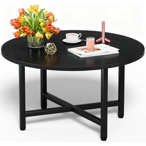 FAMIDGE Round Coffee Table, Small Coffee Tables for Living Room, Black Coffee Table with Metal Frame, Floor Table Desk for Sitting on The Floor, Home, Office, Farmhouse, Black (23.6" D x 17.7" H)
