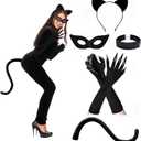Halloween Cat Costume Accessories for Women, 5PCS Cute Black Cat Mask Ears and Tail Set, CatClaw Gloves Necklace for Adults Party Masquerade Cosplay