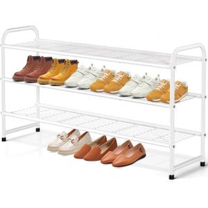 KEETDY 3-Tier Long Shoe Rack for Closet Metal Shoe Organizer for Entryway, Wide Stackable Shoe Storage Shelf with Sturdy Wire Grid for Closet Floor, Bedroom, White (11.4x43x24.4)