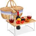 Picnic Basket with Foldable Wine Table Kit, Handmade Wicker Basket with Lid Handle Portable Bamboo Tray Table for 2 Outdoor Camping Picnic Wine Set Gift for Couples (Blue and White)
