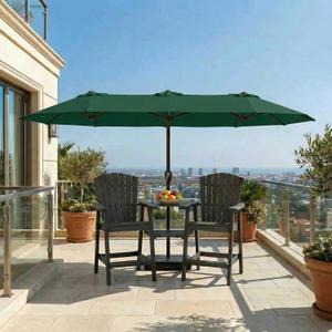 15FT Large Patio Umbrella with Base Included, Double Sided Outdoor Market Umbrella with Flexible Fiberglass Ribs, UV-Blocking Extra Large Umbrella for Garden, Pool, Deck, Forest Green