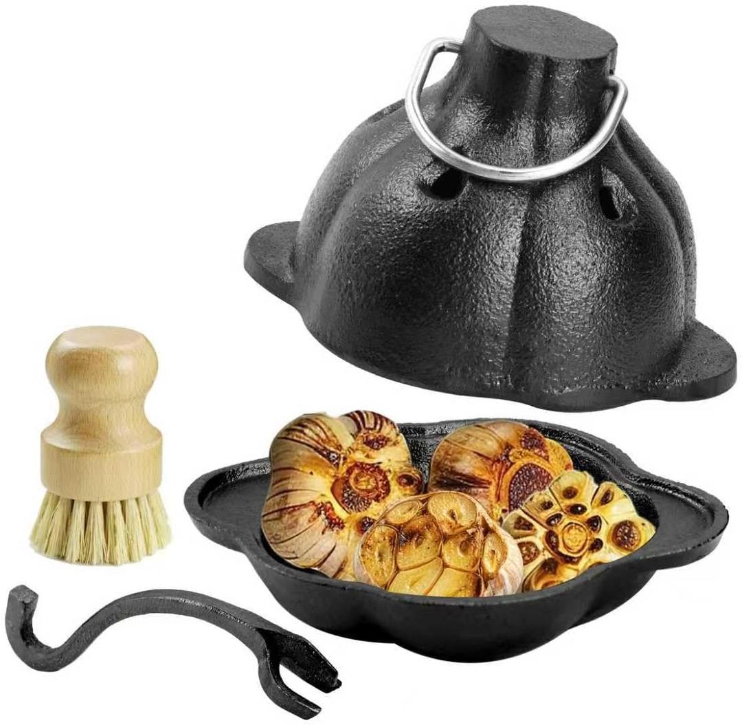 DVK Cast Iron Garlic Roaster with Ventilated Lid for Even Cooking Superior Heat Conduction Preservation - Perfect for Oven, Grill, Camping Home Kitchen Ideal for Cooking Enthusiasts