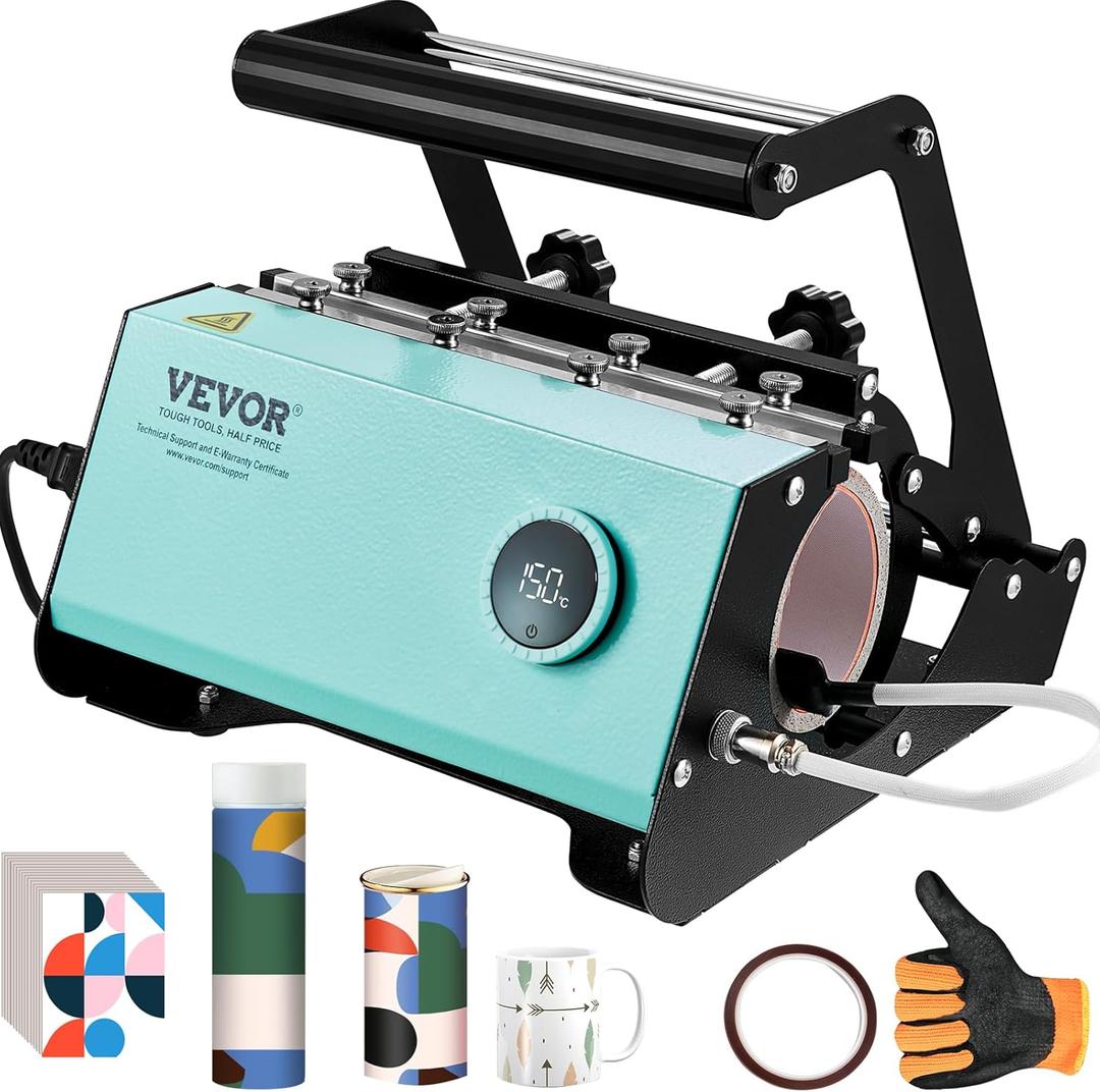VEVOR Tumbler Heat Press Machine, Tumbler Press for 30OZ 20OZ Sublimation Straight Skinny Tumblers, with Knob Control Temp&Timer Setting for 11-16oz Mugs, Mug Press with Paper Heat Tape Gloves-Green