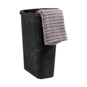 Mind Reader Slim Laundry Hamper with Lid, 40L Clothes Basket, Premium Wicker Design, Plastic, Black (Single)
