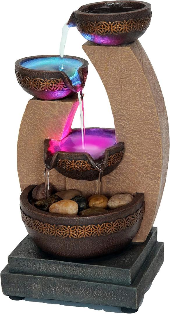 11" H Golden Tiered Bowl Fountain with Color Changing LED Lights with Adapter Brown 11" H Golden Tiered Bowl Fountain with Color Changing LED Lights with Adapter Brown